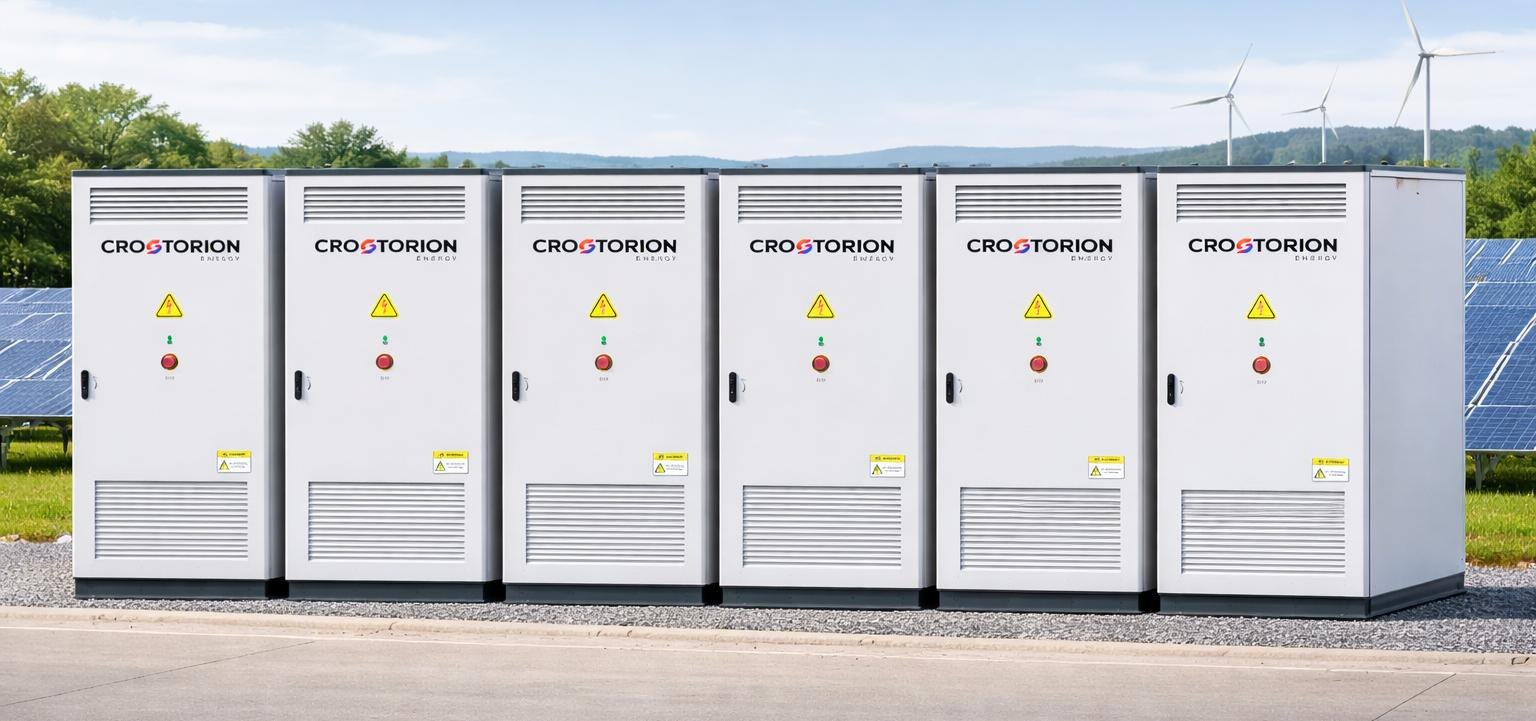 Seis armarios CROSTORION ESS 261 alineados junto a una planta solar