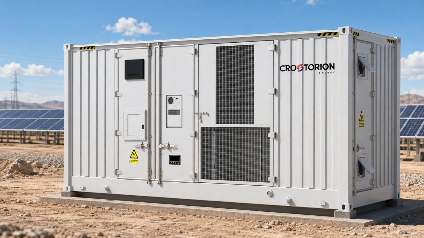 A CROSTORION containerised battery system standing at a solar plant