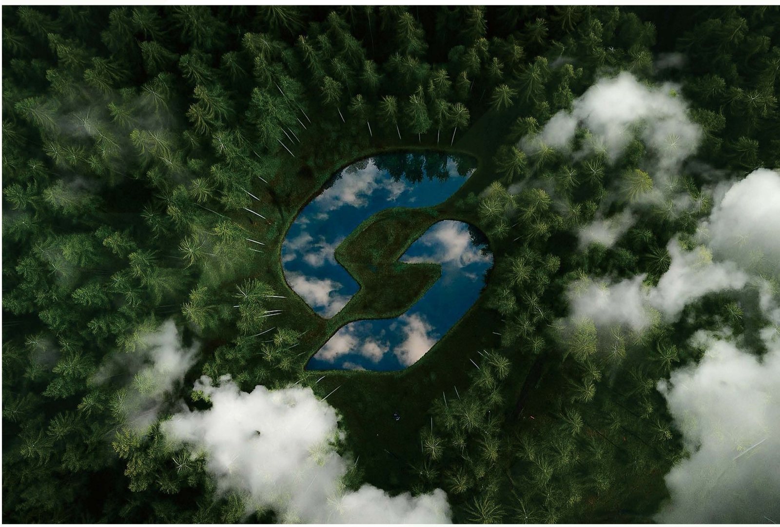 Wald aus der Luft, mit einem See in der Form des CROSTORION-Zeichens