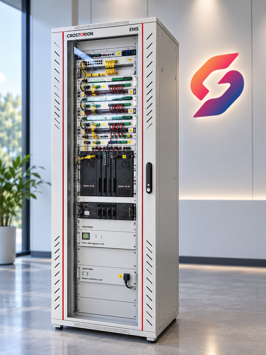Ein CROSTORION-EMS-Schrank mit Leistungsmanagement- und Batterieschnittstellen-Einheiten, im eigenen Haus gebaut und verdrahtet